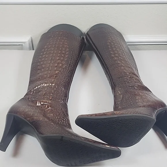 Gianni Bini Brown Croc-Embossed Heeled Boots - Picture 6 of 11